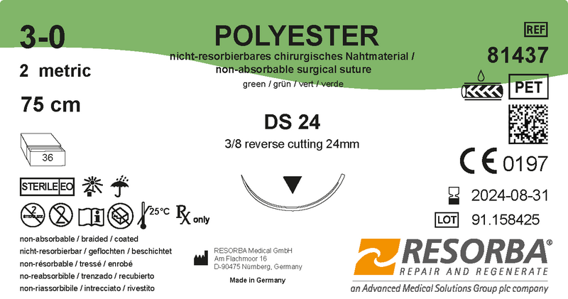Поліестер USP2-0 зелений, довж. 75см, зворот-ріжуча голка преміум 27мм, 3/8кола